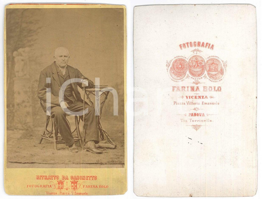 1875 ca VICENZA Ritratto maschile con bastone *Fotografia FARINA E BOLO Fotografia d'epoca montata su cartoncino rigido.FOTOGRAFO: Farina e Bolo - Vicenza FAIR/discreto smussature angolari, per l'inserimento in un album Formato: 11x16 cm originale e autentica 1