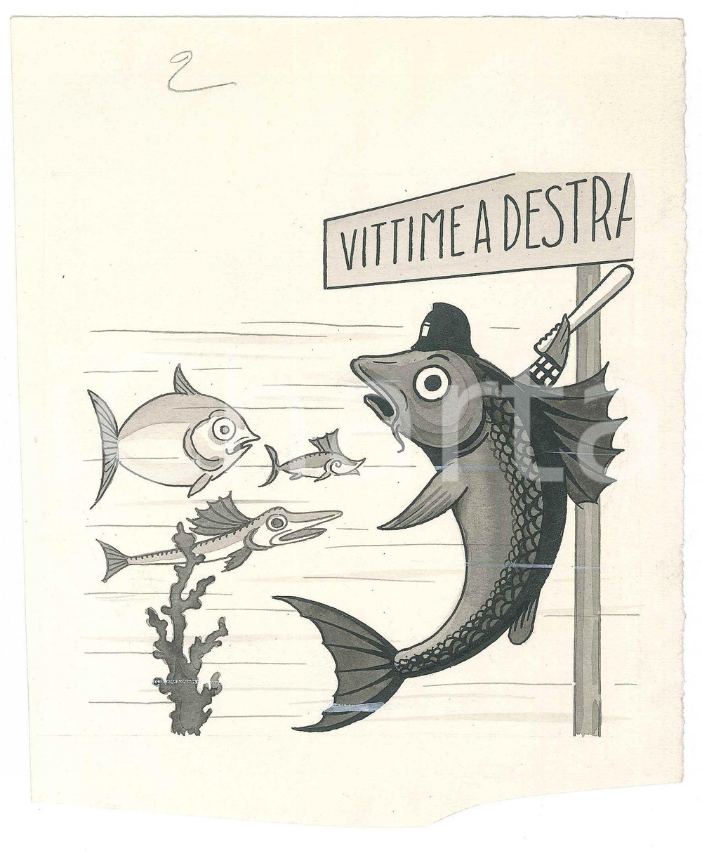 1940 ca Gino BALDO - Tavola a china NON FIRMATA - Pesci - Rivista "Sovrana" Tavola a china originale, realizzata dall'illustratore Gino Baldo per "Sovrana : rivista mensile di vita scelta".Non firmata. POOR/danneggiato mancanza angolare Formato: 17x14 cm originale e autentica 1