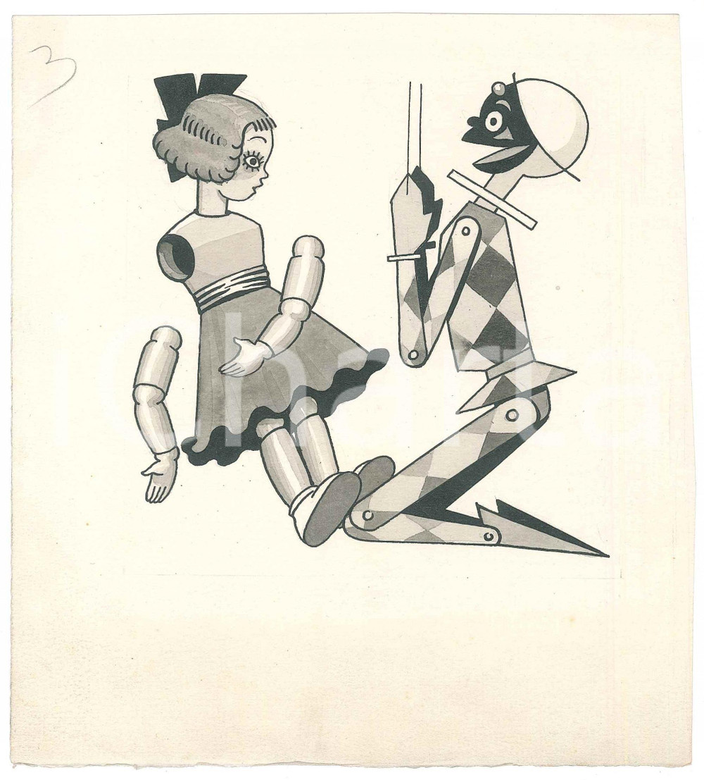 1940 ca Gino BALDO - Tavola a china NON FIRMATA - Arlecchino - Rivista "Sovrana"