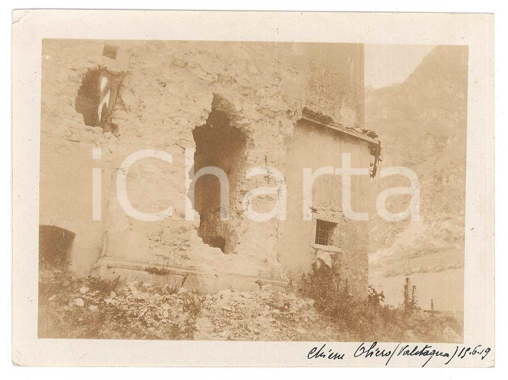 1919 WW1 OLIERO DI VALSTAGNA (VI) Danni di guerra alla chiesa - Foto 12x9 Fotografia originale d'epoca. FAIR/discreto piccole piegature angolari Formato: 12x9 cm originale e autentica 1