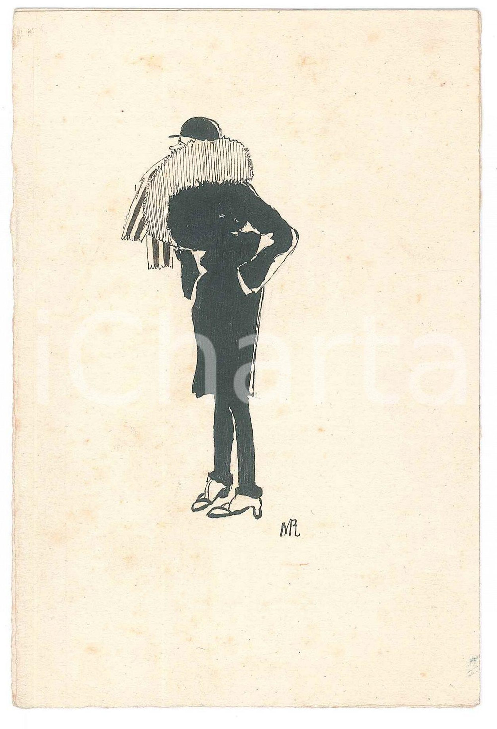 1930 ca MODA ITALIA Donna con collo in pelliccia - Bozzetto a china 10x15 cm