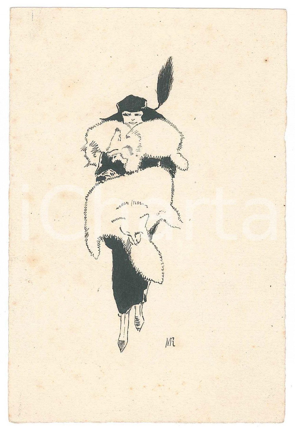 1930 ca MODA ITALIA Donna con stola in pelliccia - Bozzetto a china 10x15 cm
