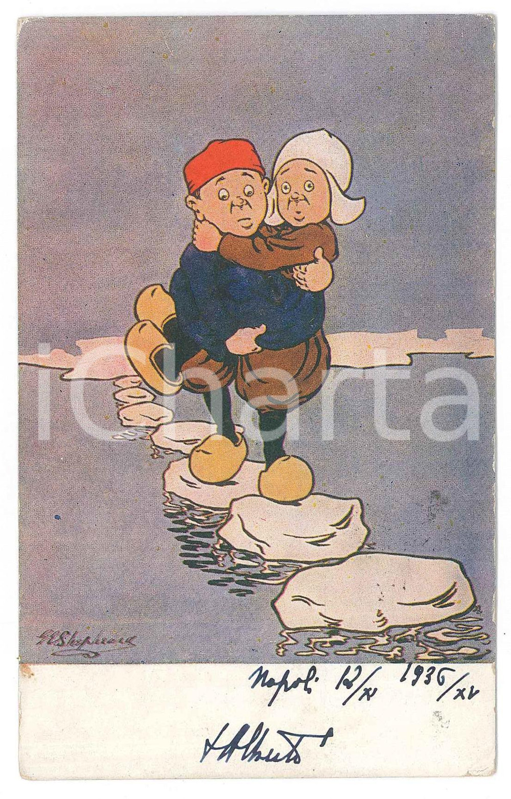 1936 Artist G. S. SHEPHEARD - HOLLAND - Couple crossing a river - Postcard