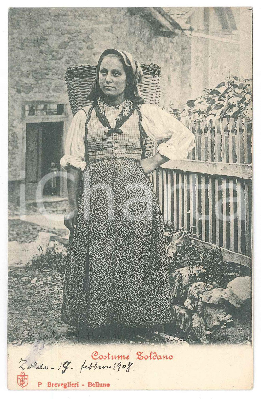 1908 VAL DI ZOLDO - BELLUNO - Costume zoldano donna *Cartolina FOLKLORE FP VG