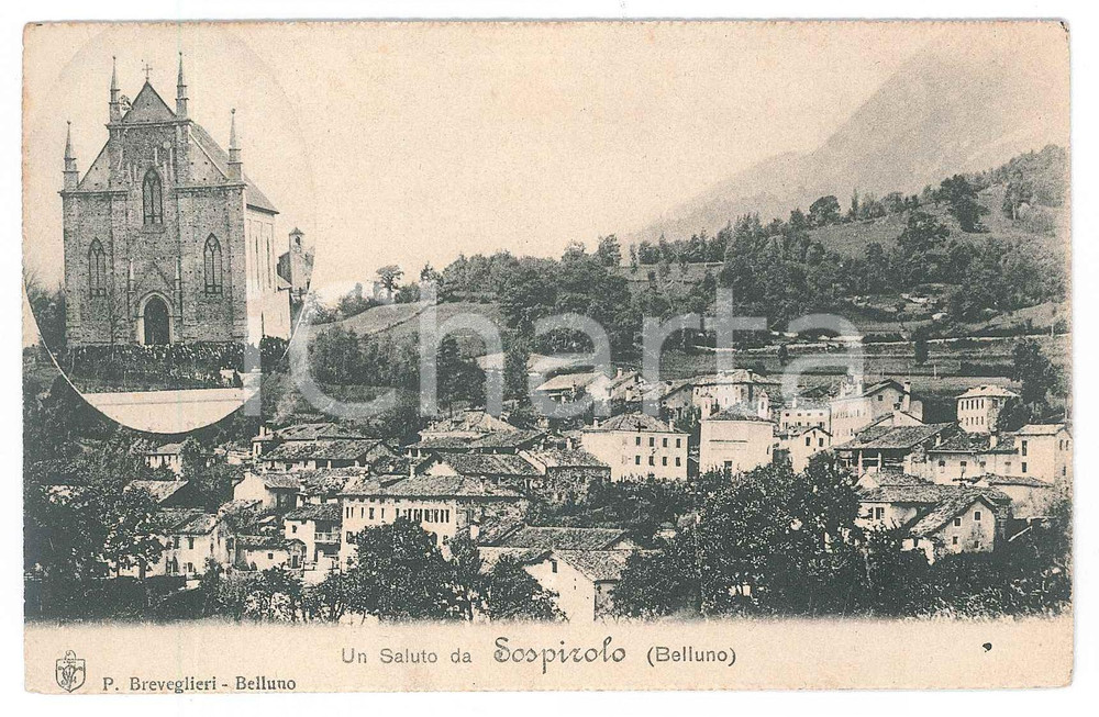 1908 SOSPIROLO (BL) Veduta con chiesa SS. Pietro e Paolo *Cartolina FP VG