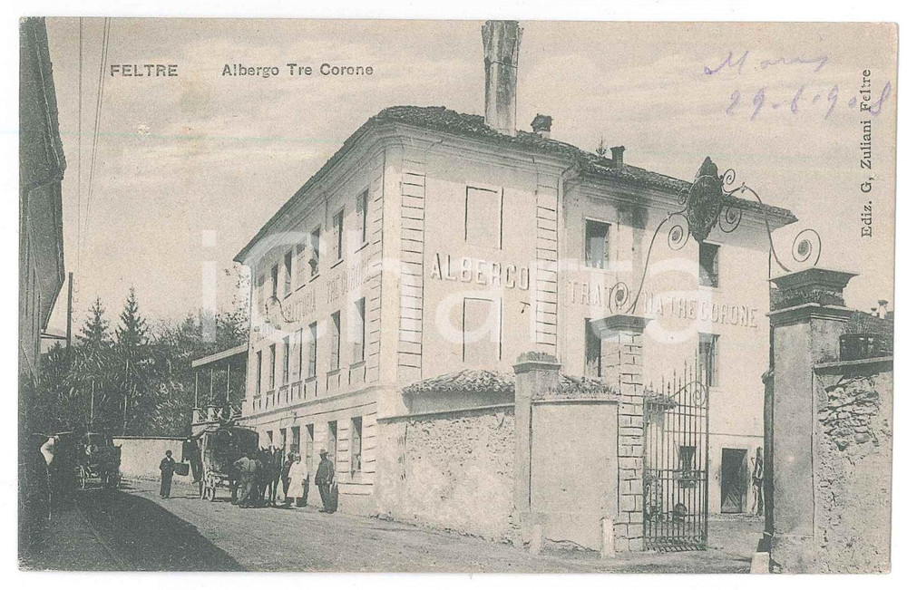 1908 FELTRE (BL) Albergo TRE CORONE *Cartolina ANIMATA carrozza FP VG