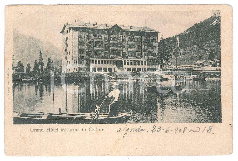 1908 CORTINA (BL) Grand Hotel MISURINA di CADORE *Cartolina ANIMATA barche