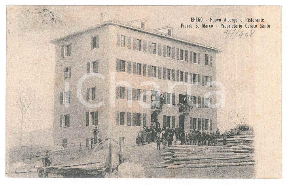 1908 ENEGO (VI) Nuovo albergo Piazza S. Marco - CERATO Santo *Cartolina ANIMATA