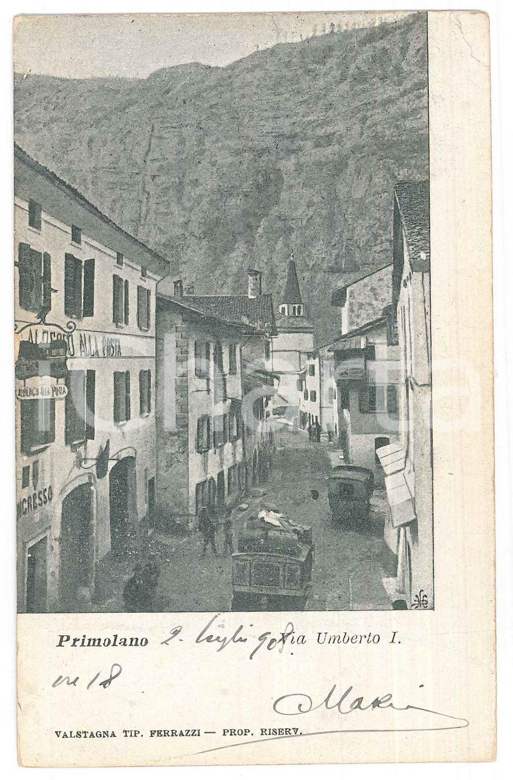 1900 ca PRIMOLANO Albergo alla posta - Carrozze in via Umberto I - Cartolina