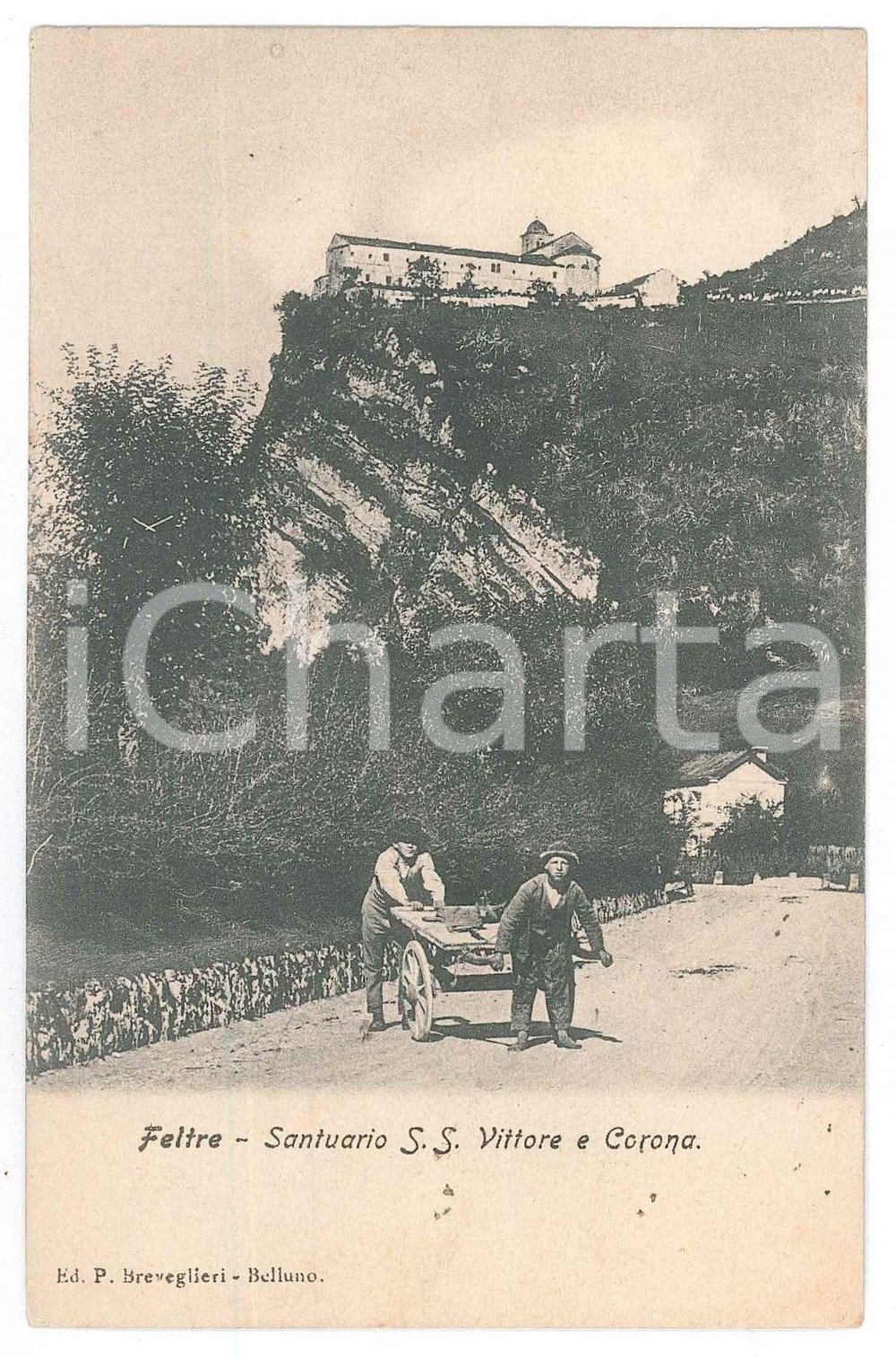 1908 FELTRE Santuario dei Ss. Vittore e Corona - Uomini con carretto - Cartolina Cartolina d'epoca, viaggiata.   FAIR/discreto Lievi smussature agli angoli, piccole bruniture Formato: 13x8 cm originale e autentica 1