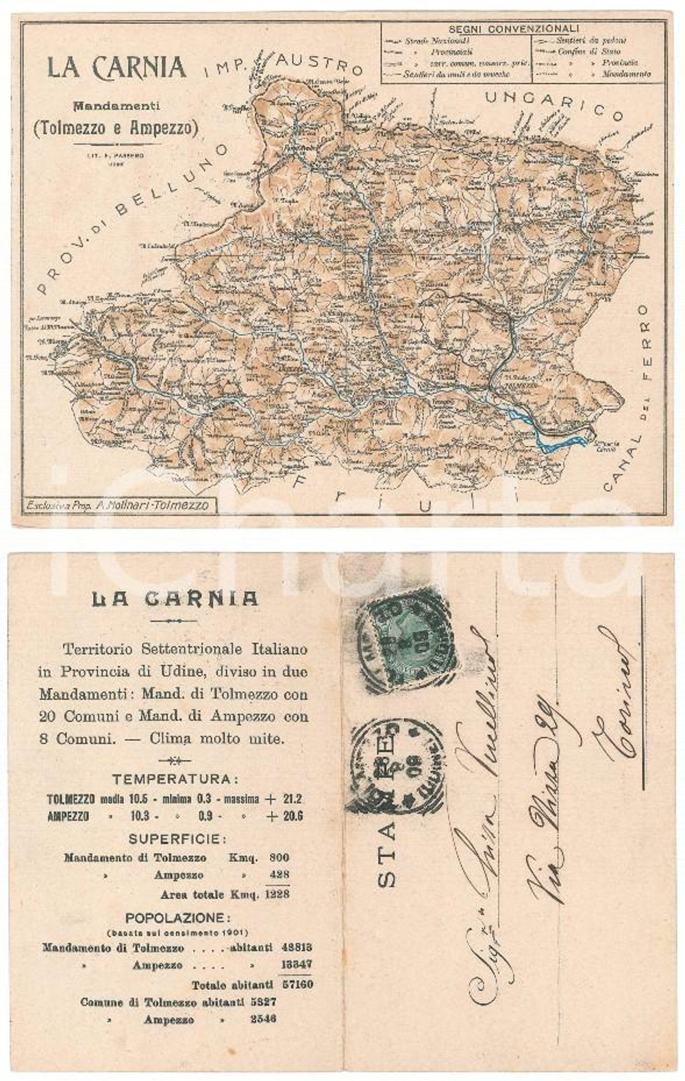 1908 LA CARNIA - Mandamenti TOLMEZZO e AMPEZZO *Cartolina postale DOPPIA
