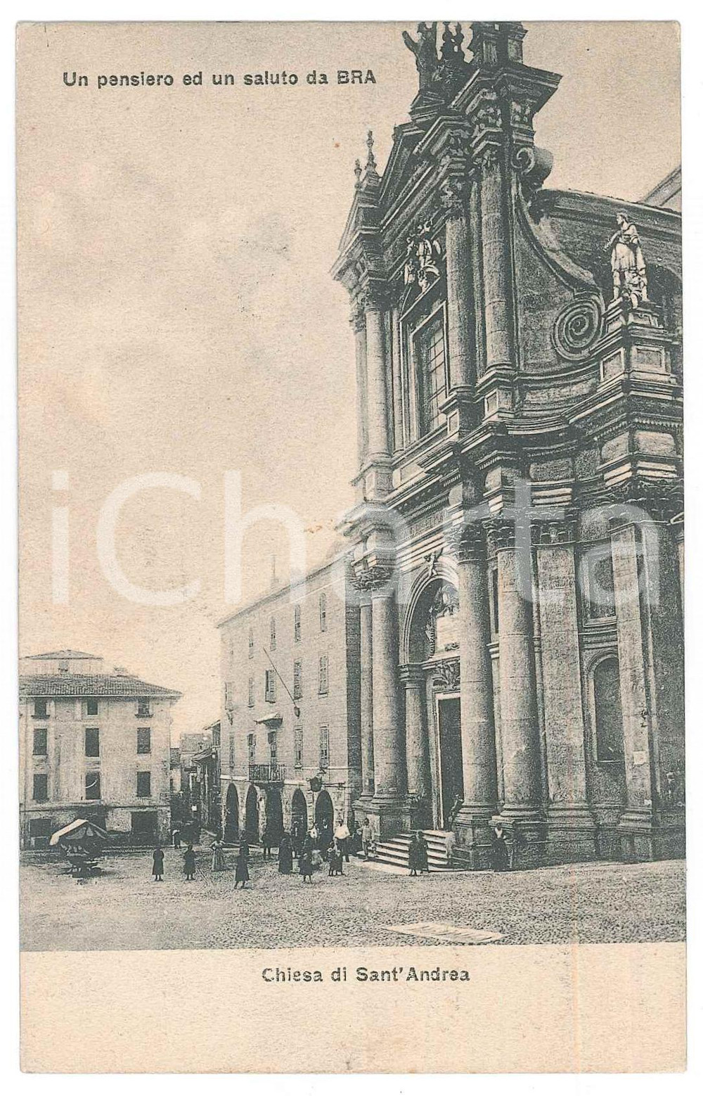 1909 BRA (CN) Chiesa di S. Andrea *Cartolina postale ANIMATA FP VG  Cartolina postale d'epoca, viaggiata. GOOD/buono  Formato: 9x14 cm originale e autentica 1