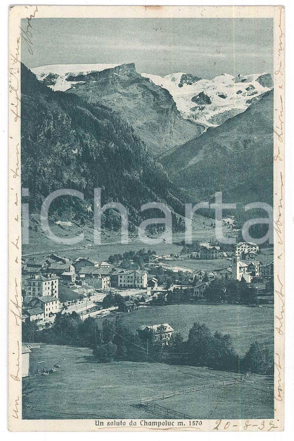 1938 CHAMPOLUC (AO) Veduta panoramica *Cartolina postale FP VG  Cartolina postale originale d'epoca, viaggiata.Correttore apposto al verso sul nome del destinatario. GOOD/buono  Formato: 9x14 cm originale e autentica 1
