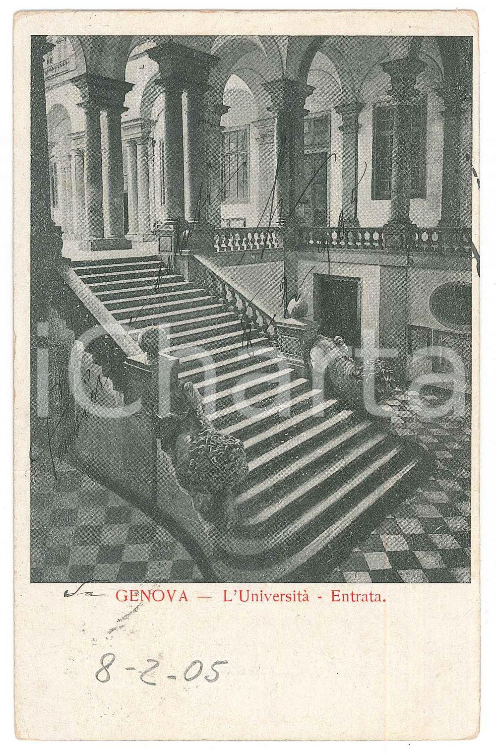 1905 GENOVA L'Università - Entrata -Scalone *Cartolina postale FP VG