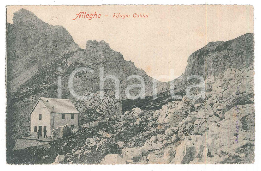 1908 ALLEGHE (BL) Alpinisti al Rifugio Coldai - Cartolina ANIMATA FP VG