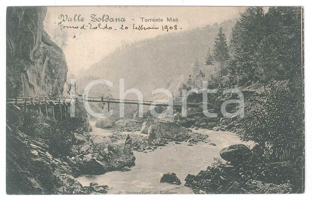 1908 VAL DI ZOLDO (UD) Panorama con Torrente Maè - Cartolina ANIMATA FP VG