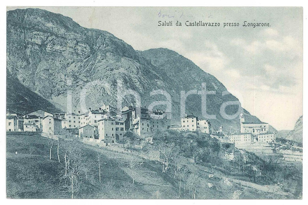 1908 LONGARONE Frazione CASTELLAVAZZO Panorama del paese - Cartolina FP VG
