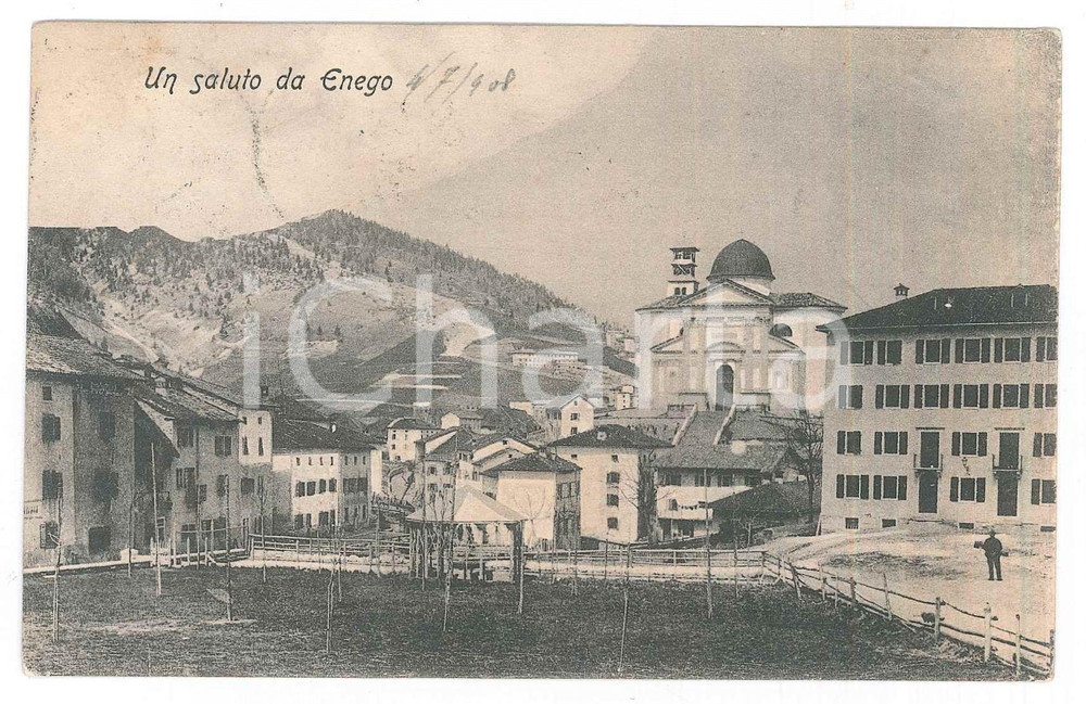1908 ENEGO (VI) Panorama del paese - Cartolina ANIMATA FP VG