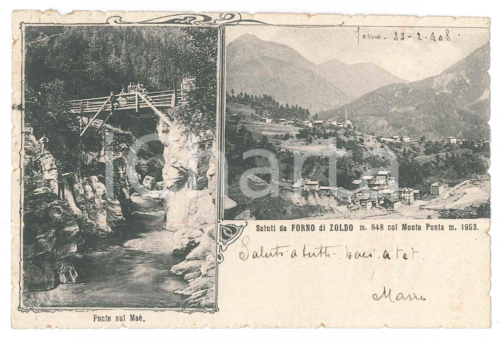 1908 FORNO DI ZOLDO Vedutine Ponte sul MAE' - Monte Punta *Cartolina ANIMATA