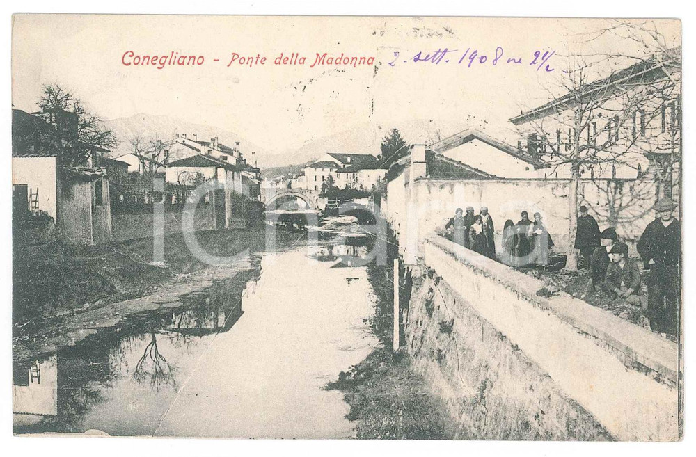1908 CONEGLIANO (TV) Ponte della Madonna  - Cartolina ANIMATA RARA Cartolina postale d'epoca, viaggiata.   GOOD/buono  Formato: 14x9 cm originale e autentica 1
