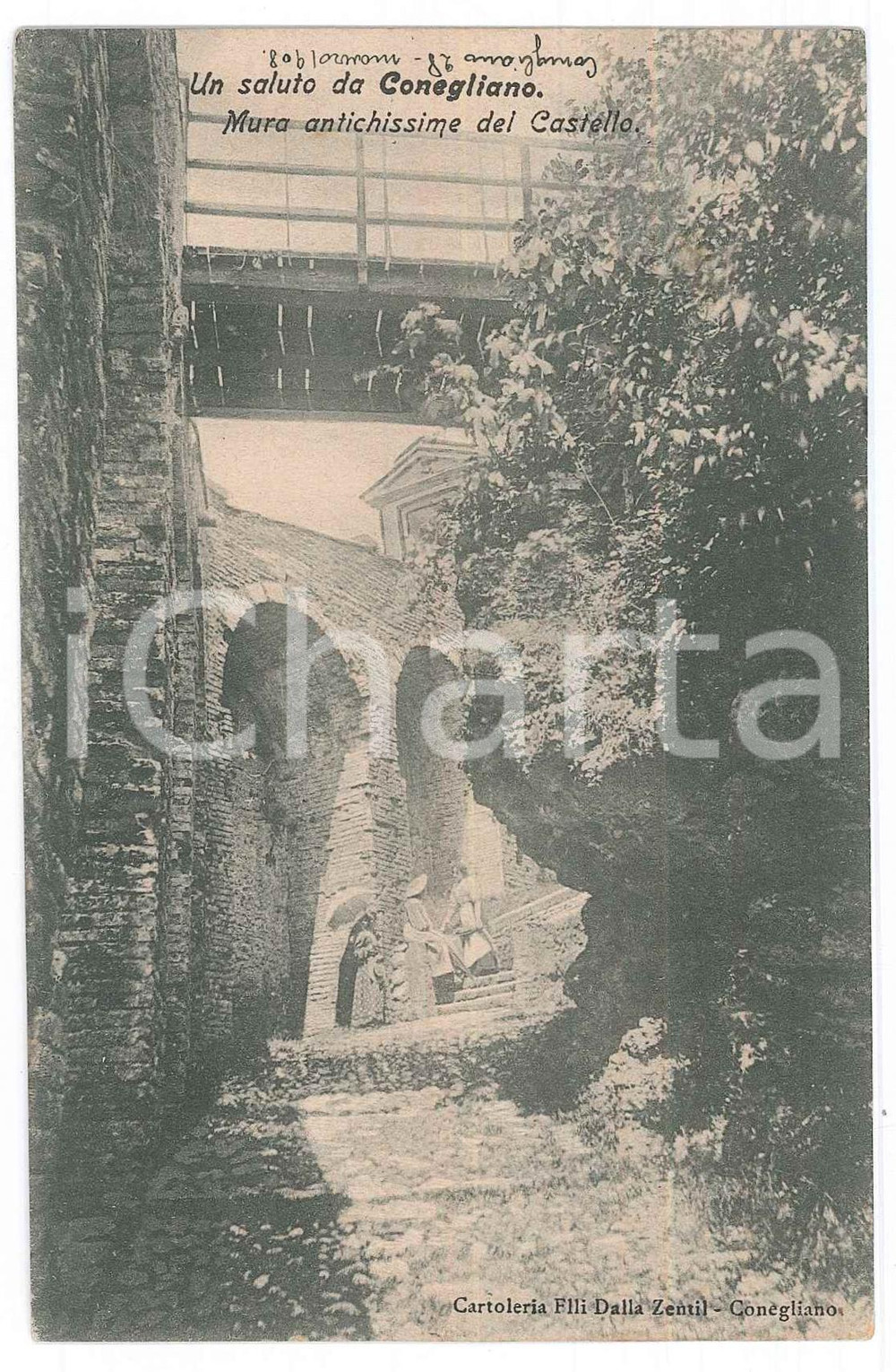 1908 CONEGLIANO (TV) Mura antichissime del Castello - Cartolina postale FP VG Cartolina postale d'epoca, viaggiata. Messaggio a matita visibile dove si trovava il francobollo.  GOOD/buono  Formato: 9x14 cm originale e autentica 1