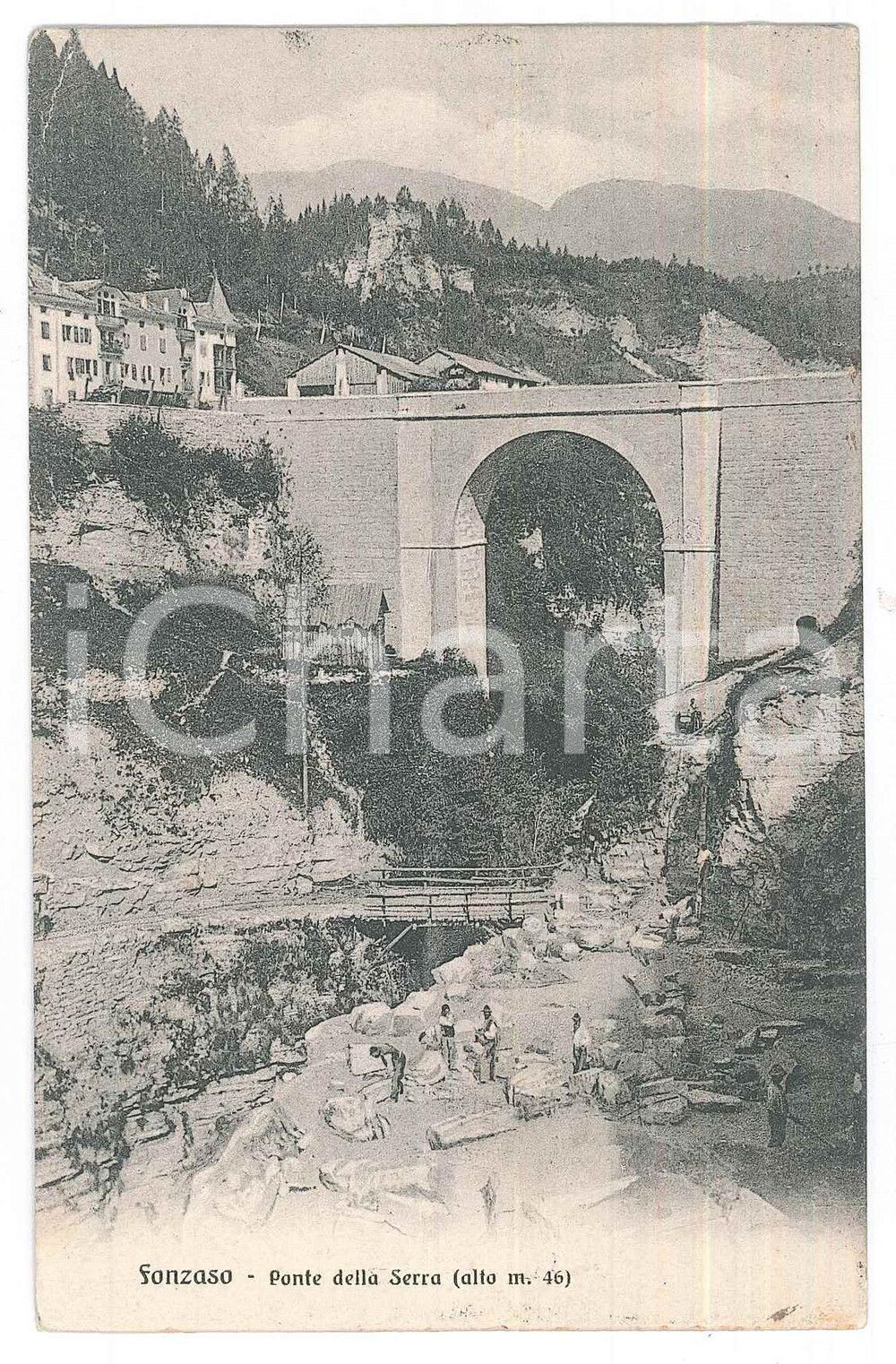 1908 FONZASO (BL) Ponte della Serra *Cartolina postale ANIMATA operai FP VG