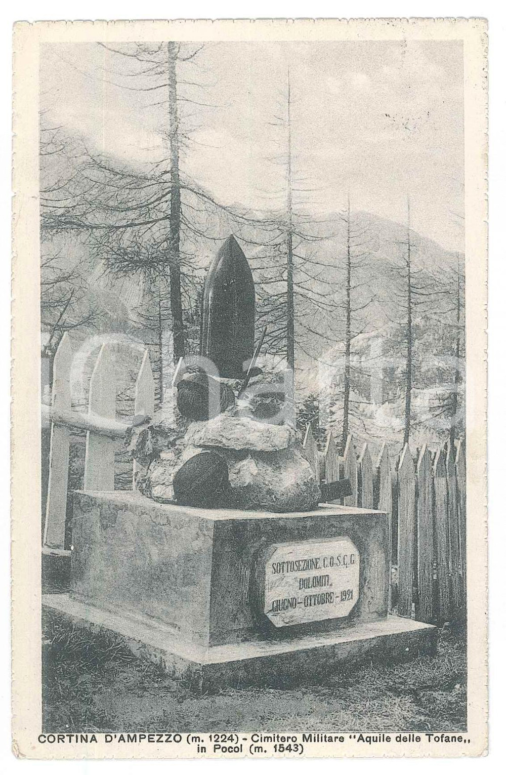 1931 CORTINA D'AMPEZZO / POCOL Cimitero militare "Aquile delle Tofane" Cartolina  Cartolina postale d'epoca, viaggiata.Correttore al verso per nascondere il nome del destinatario. GOOD/buono  Formato: 9x14 cm originale e autentica 1