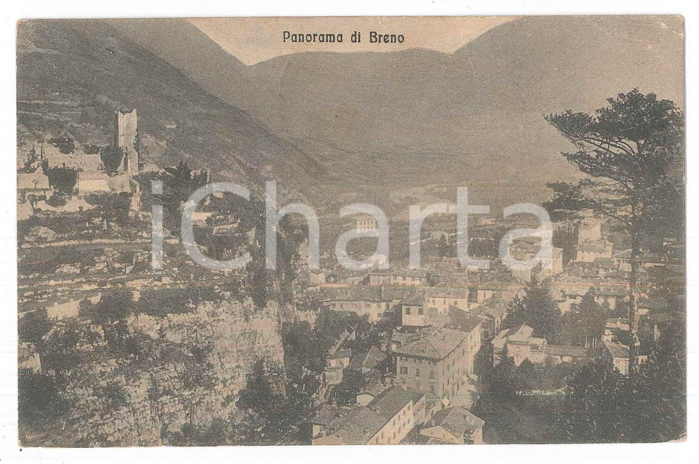 1914 BRENO (BS) Panorama del paese *Cartolina postale FP VG Cartolina postale d'epoca, viaggiata. Correttore apposto al verso per nascondere il nome del destinatario.  GOOD/buono minime piegature angolari Formato: 14x9 cm originale e autentica 1