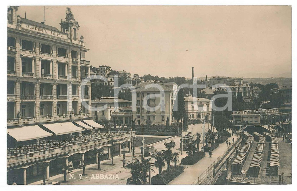 1920 ca ABBAZIA (ISTRIA ITALIANA) Palace Hotel Bellevue *Cartolina ANIMATA tram
