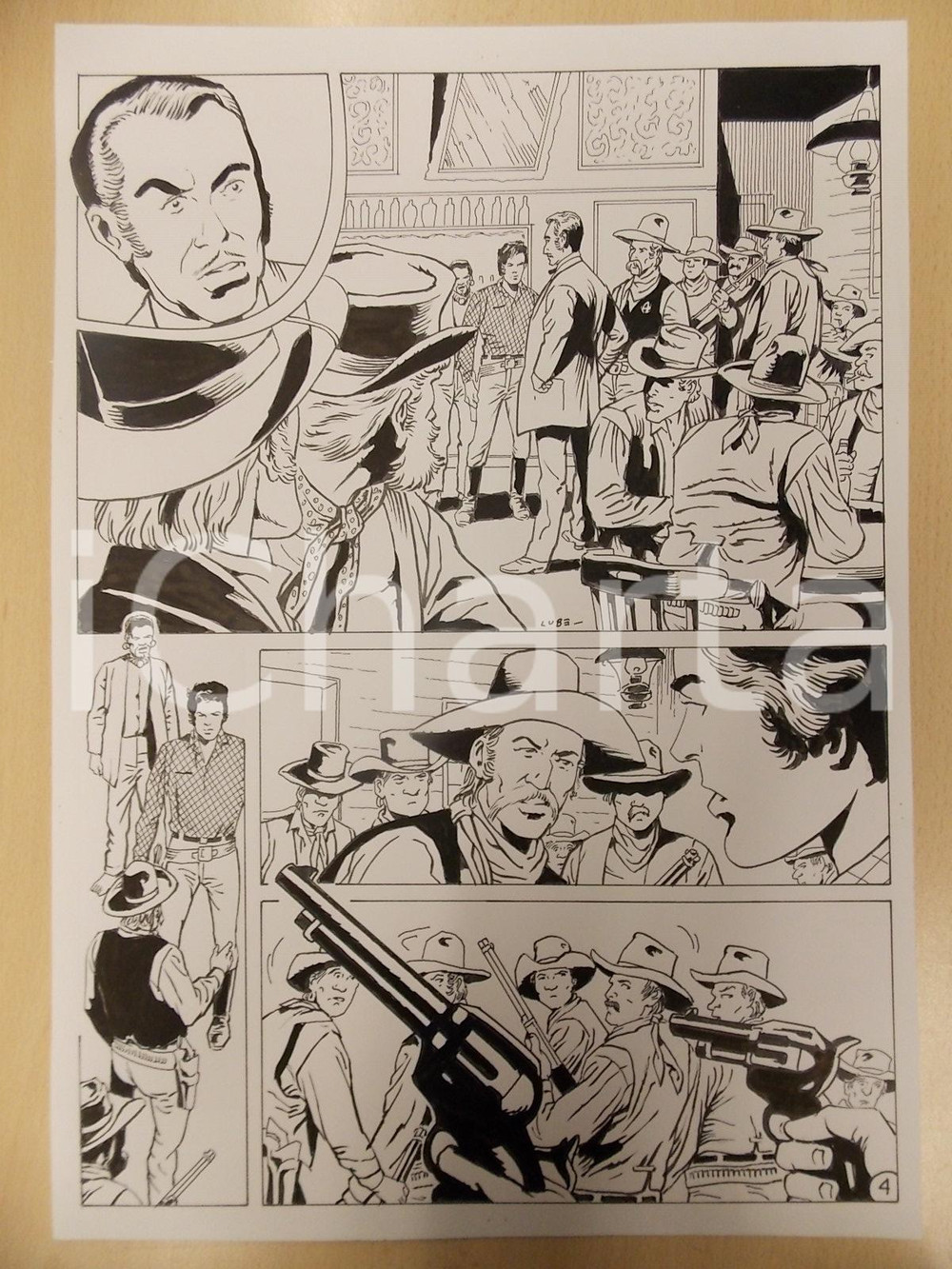 Opera d’arte autentica 1990 BILLY BOYD Luciano BERNASCONI Cowboy puntano pistole Tavola originale LUBE 1