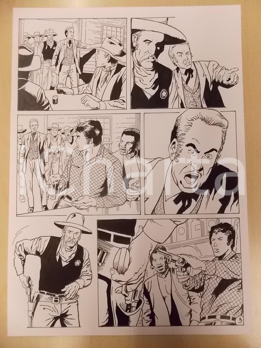 Opera d’arte autentica 1990 Luciano BERNASCONI Billy BOYD punta pistola a sceriffo Tavola originale 1