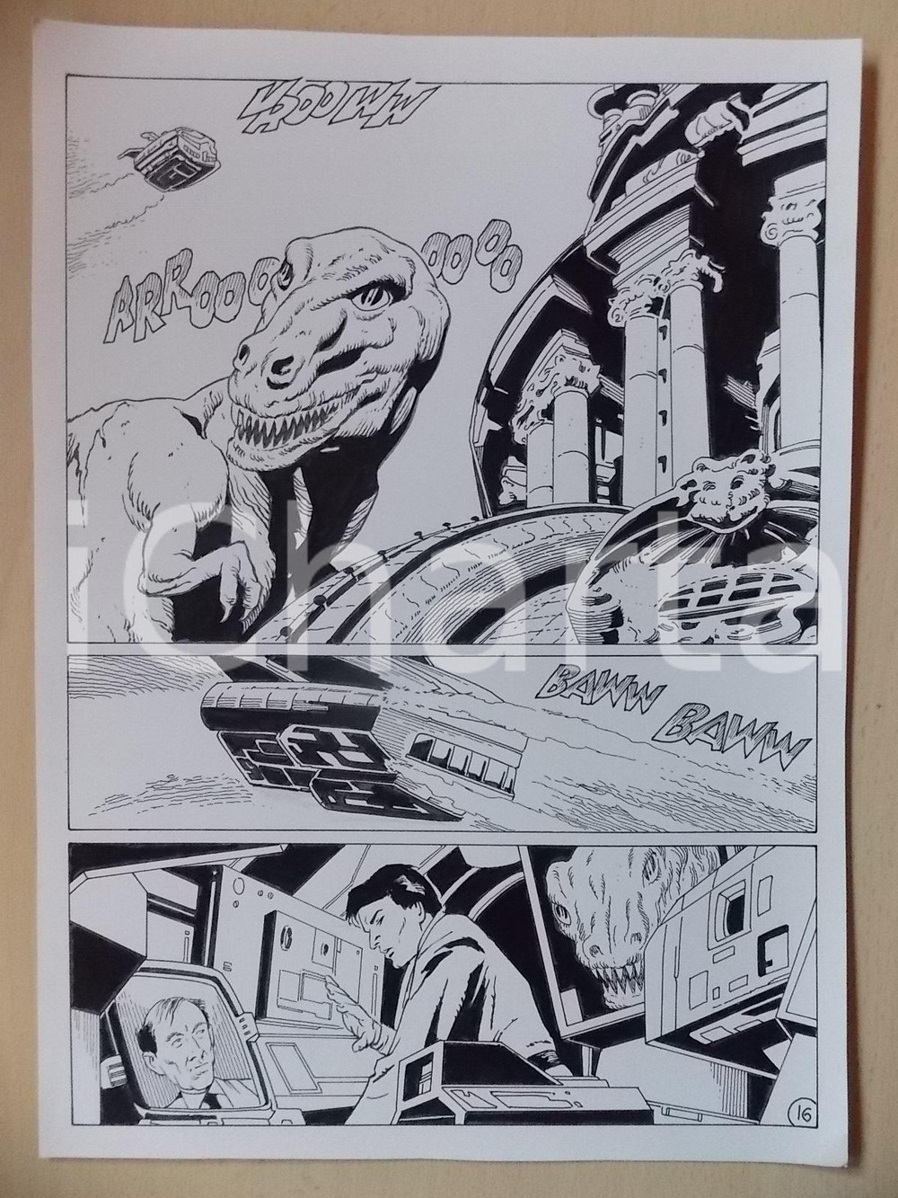 Opera d’arte autentica 2001 WAMPUS Luciano BERNASCONI Astronave attacca Tyrannosaurus rex Tavola LUBE 1