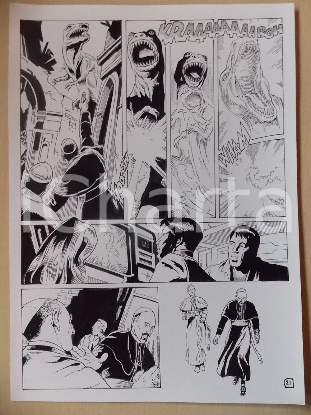 Opera d’arte autentica 2001 WAMPUS Luciano BERNASCONI Vescovo salva Vaticano dal dinosauro Tavola LUBE 1