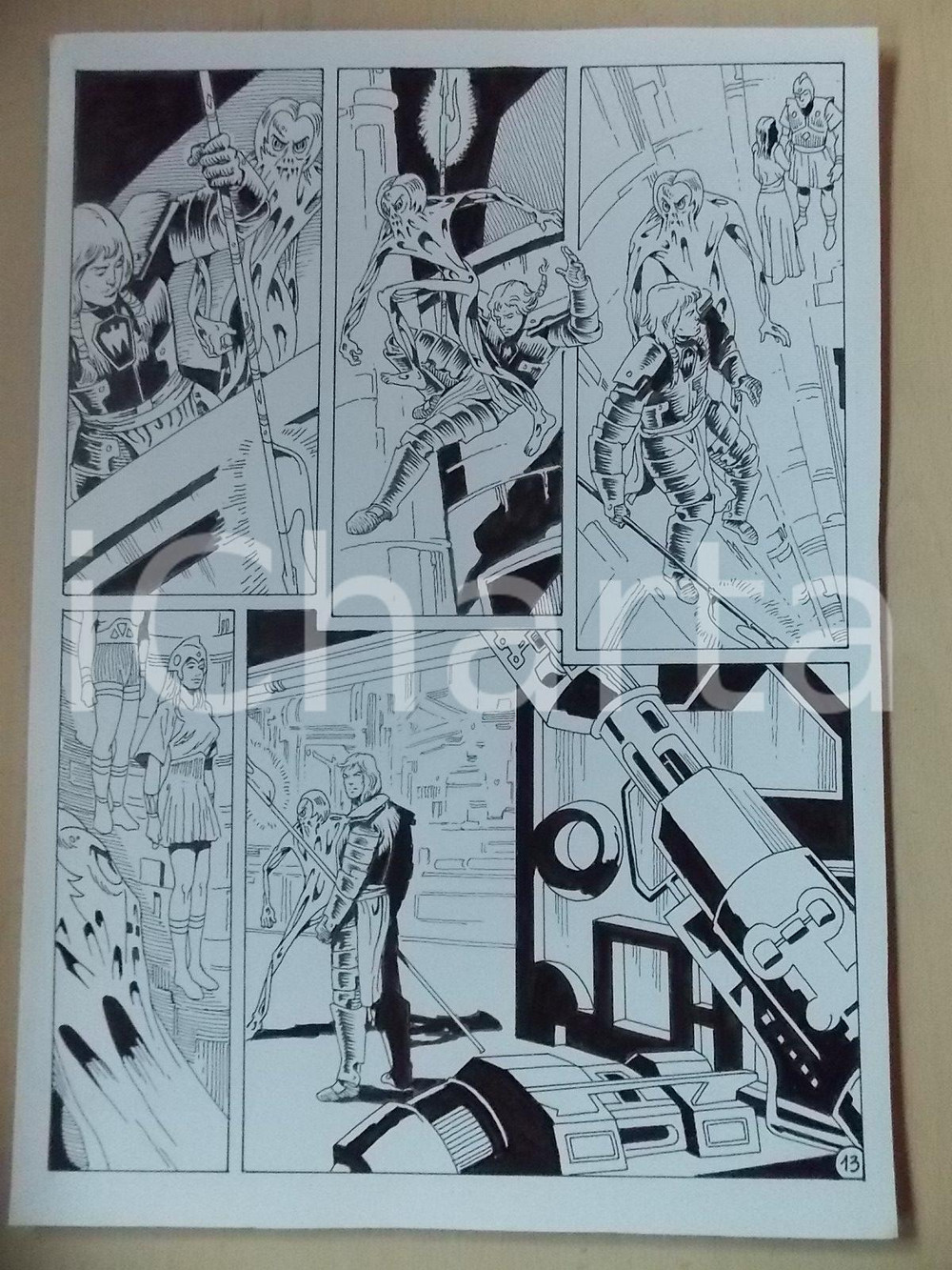 Opera d’arte autentica 2001 WAMPUS Luciano BERNASCONI Guerriero e alieno su astronave Tavola LUBE 1