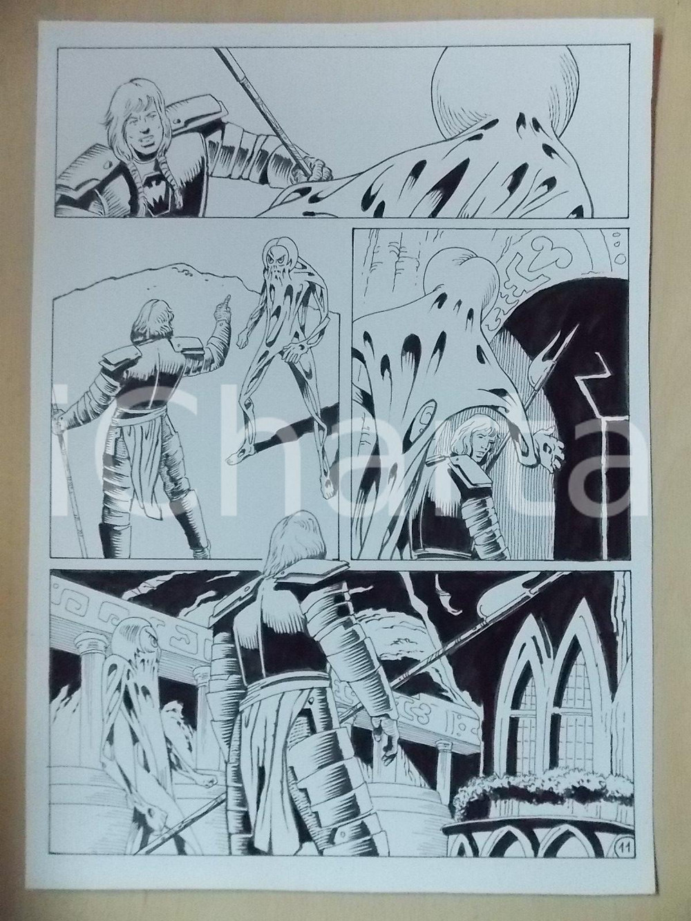 Opera d’arte autentica 2001 WAMPUS Luciano BERNASCONI Cavaliere minaccia alieno Tavola originale LUBE 1