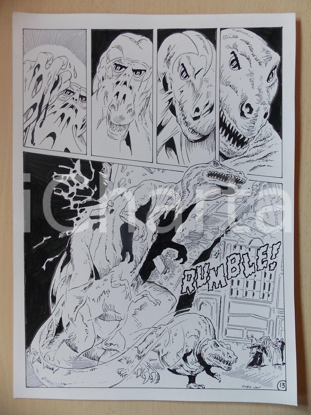 Opera d’arte autentica 2001 WAMPUS Luciano BERNASCONI Alieno trasmuta in Tyrannosaurus Rex Tavola LUBE 1