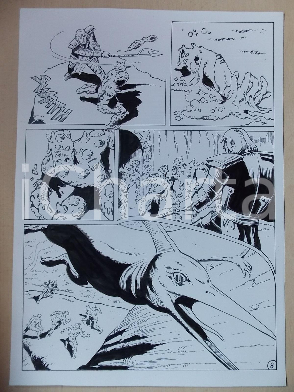 Opera d’arte autentica 2001 WAMPUS Luciano BERNASCONI Pterodattilo attacca mostri di fango Tavola LUBE 1