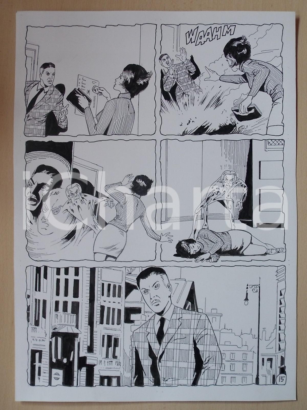 Opera d’arte autentica 2001 WAMPUS Luciano BERNASCONI Alieno spaventa donna Tavola originale LUBE 1