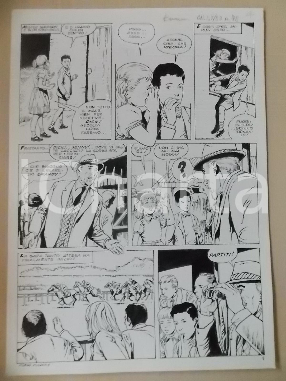 Opera d’arte autentica 1970 ca FORZA FULMINE Luciano BERNASCONI Corsa di cavalli Tavola originale LUBE 1