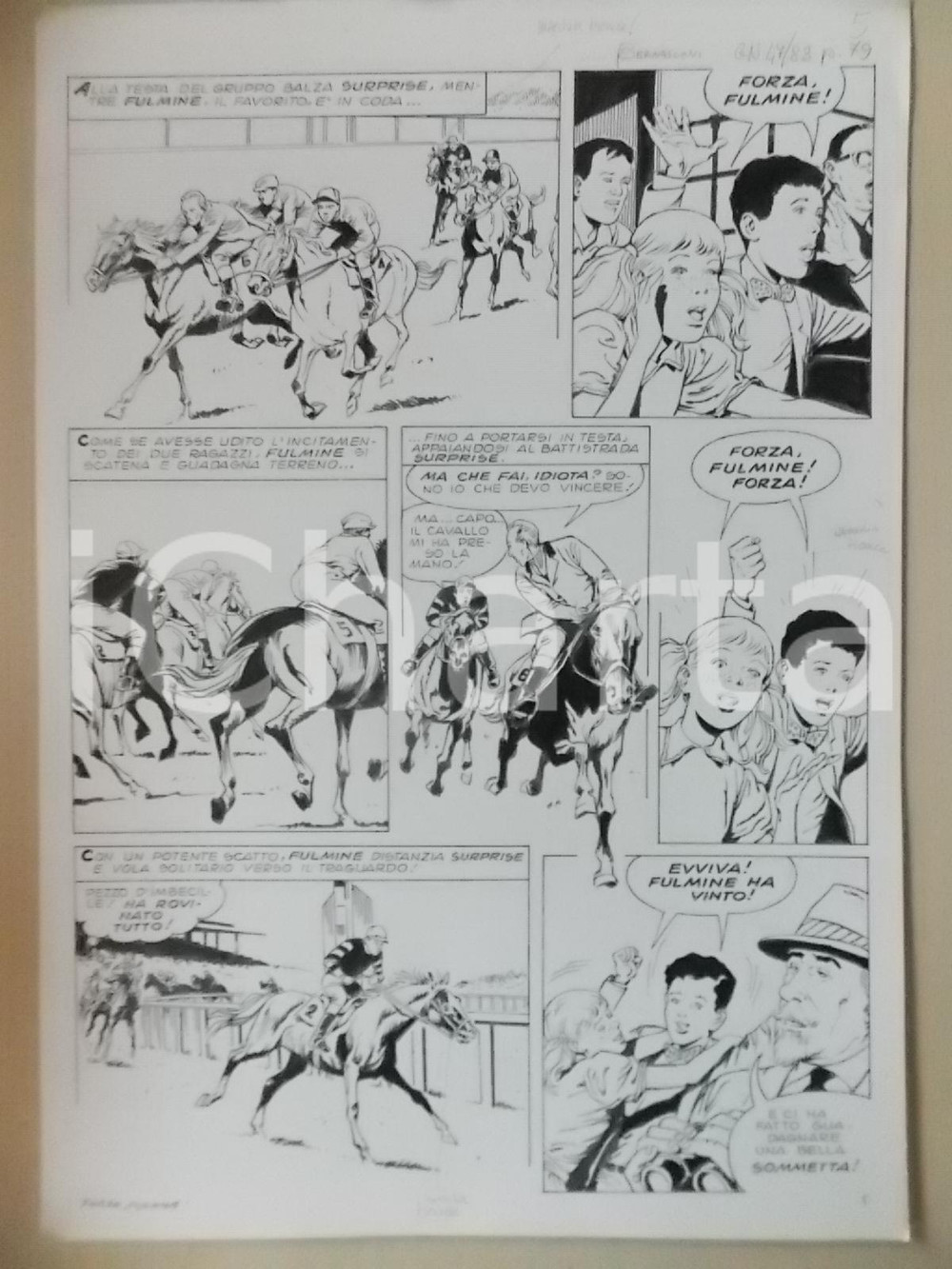 Opera d’arte autentica 1970 ca FORZA FULMINE Luciano BERNASCONI Corsa di cavalli Tavola originale LUBE 1