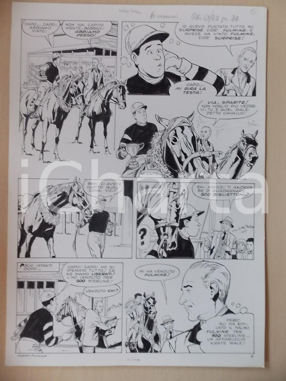 Opera d’arte autentica 1970 ca FORZA FULMINE Luciano BERNASCONI Fantino e cavallo vincitori Tavola LUBE 1