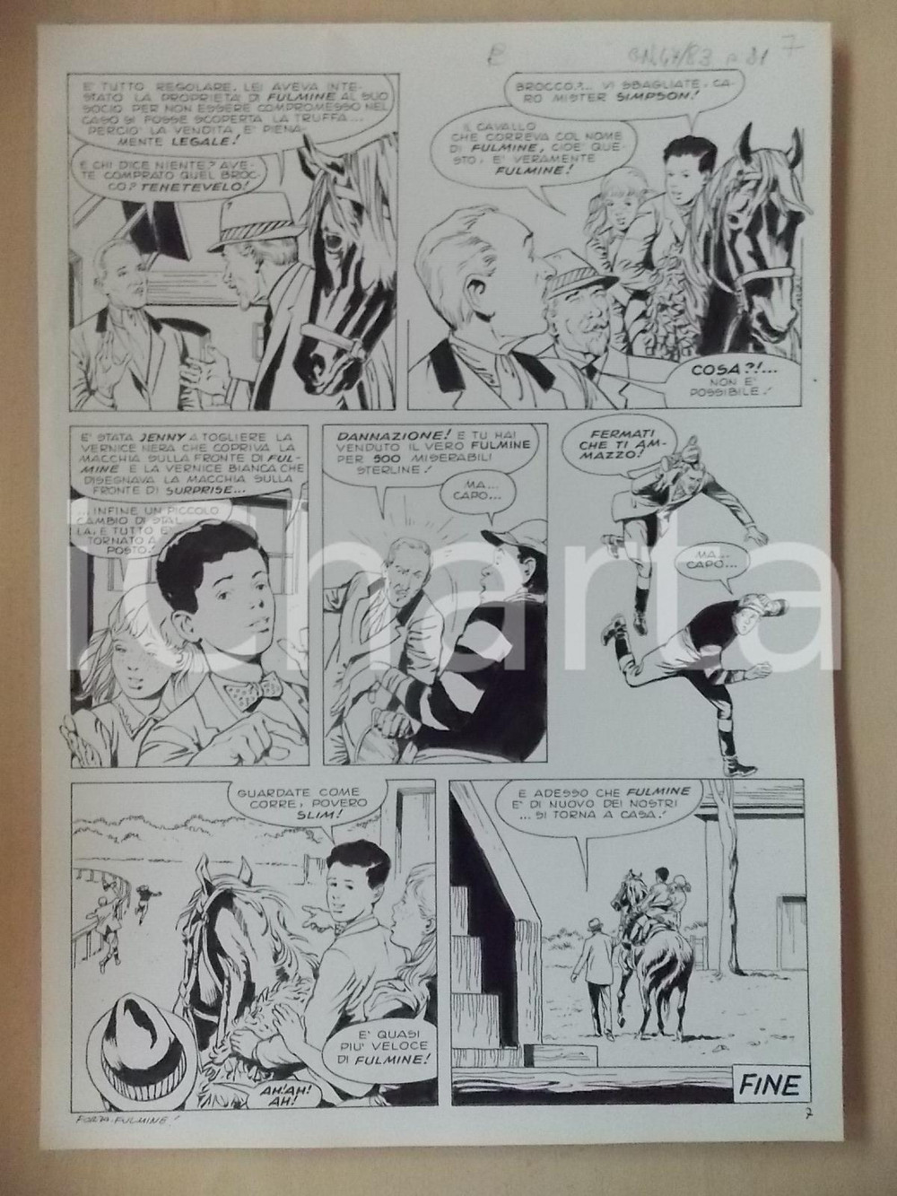 Opera d’arte autentica 1970 ca FORZA FULMINE Luciano BERNASCONI Bambini a cavallo Tavola originale LUBE 1