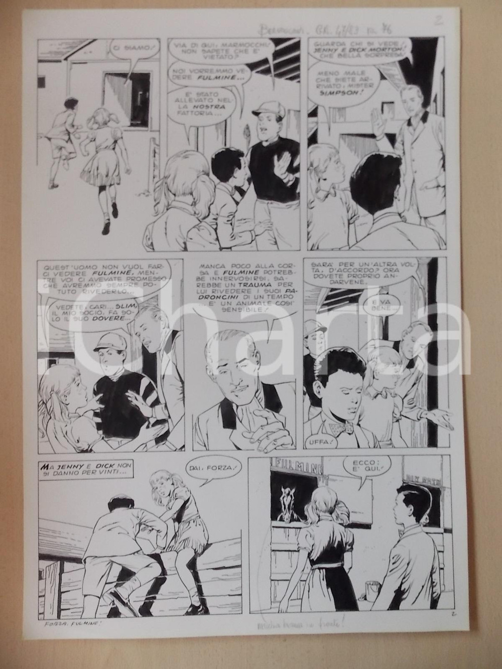 Opera d’arte autentica 1970 ca FORZA FULMINE Luciano BERNASCONI Bambini e fantino Tavola originale LUBE 1