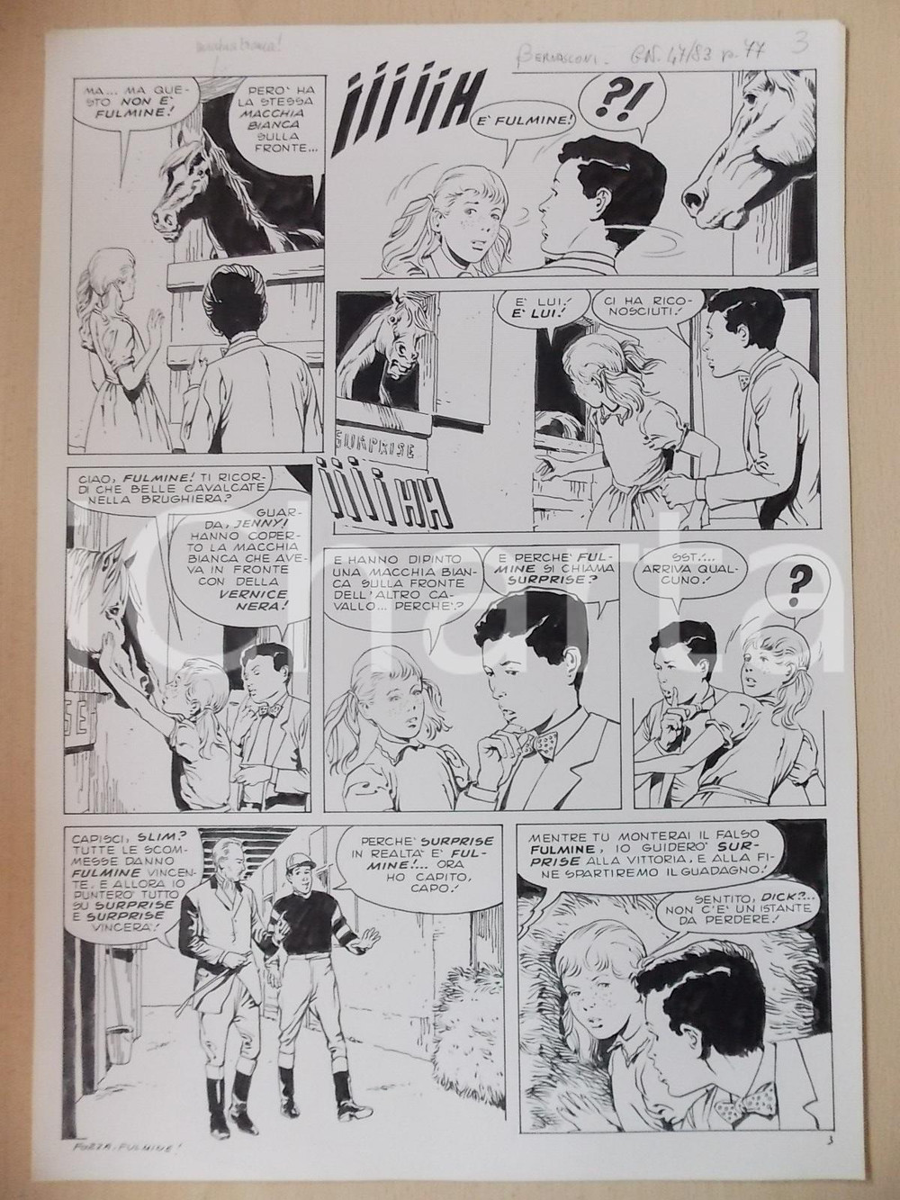 Opera d’arte autentica 1970 ca FORZA FULMINE Luciano BERNASCONI Bambini visitano maneggio Tavola LUBE 1