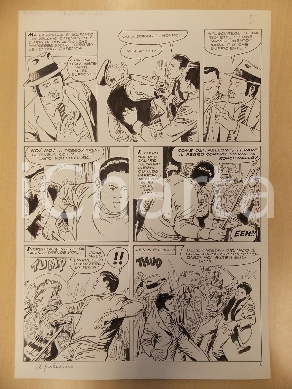 Opera d’arte autentica 1970 PALADINO DI RONCISVALLE Pupi siciliani picchiano mafiosi Tavola BERNASCONI 1