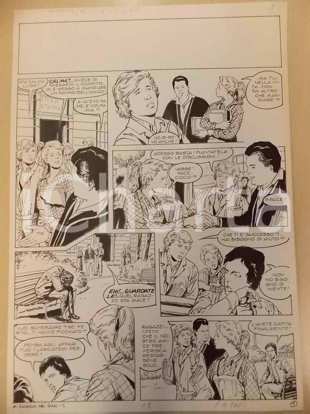 Opera d’arte autentica 1970 ca RAGAZZO NEI GUAI Luciano BERNASCONI Ragazzi escono da Liceo Tavola LUBE 1