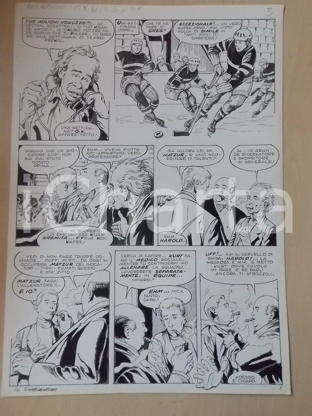 Opera d’arte autentica 1970 ca SUPERCAMPIONE Luciano BERNASCONI Partita di hockey Tavola originale 1