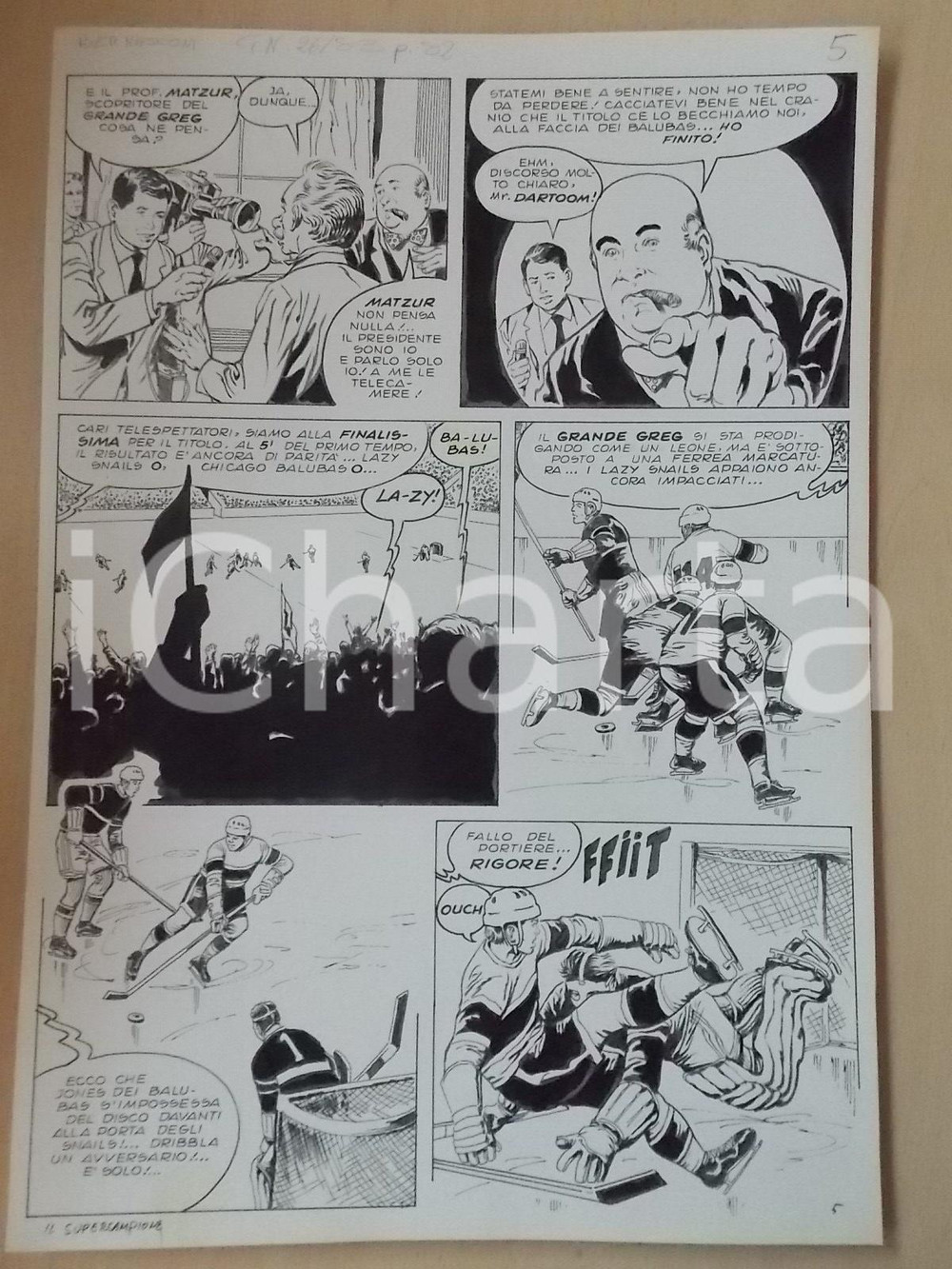 Opera d’arte autentica 1970 ca SUPERCAMPIONE Luciano BERNASCONI Match di hockey Tavola originale LUBE 1