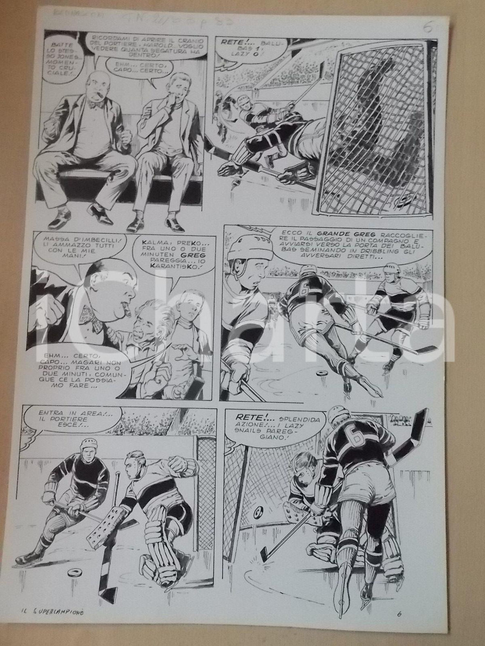 Opera d’arte autentica 1970 ca SUPERCAMPIONE Luciano BERNASCONI Tiro di rigore hockey Tavola originale 1