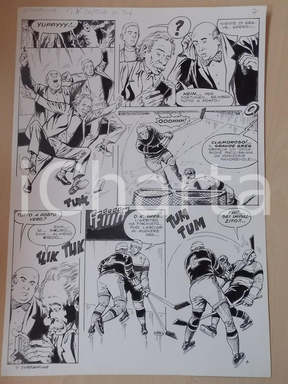 Opera d’arte autentica 1970 ca SUPERCAMPIONE Luciano BERNASCONI Rissa durante partita di hockey Tavola 1